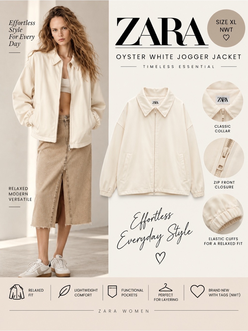 ZARA Oyster White Zip Front Jogger Jacket NWT XL Cream Relaxed Collar Jacket